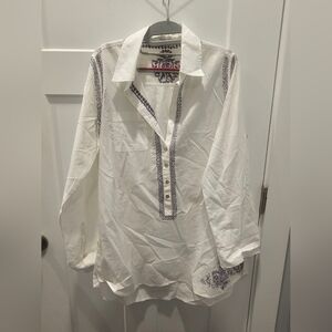 Subtle Luxury White Embroidered Cotton Tunic Top Boho Resort Wear S/M Made in In